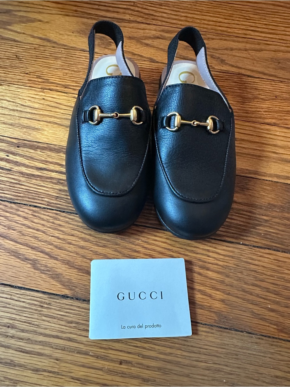 Gucci Black Leather Kids Horsebit Backless Loafers